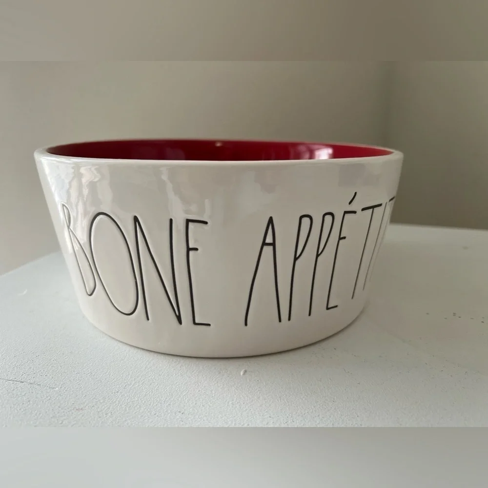 Rae Dunn | Bone Appetit | Large Dog Bowl Artisan Magenta | White Red
